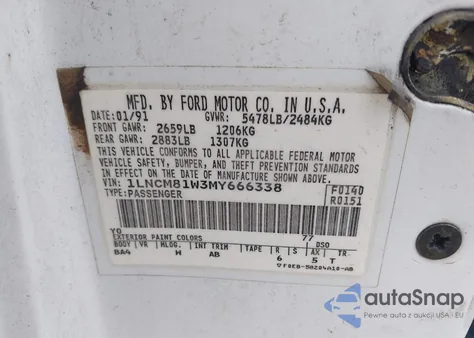 1991 Lincoln Town Car Executive z USA, uszkodzony, nr VIN 1LNCM81W3MY666338